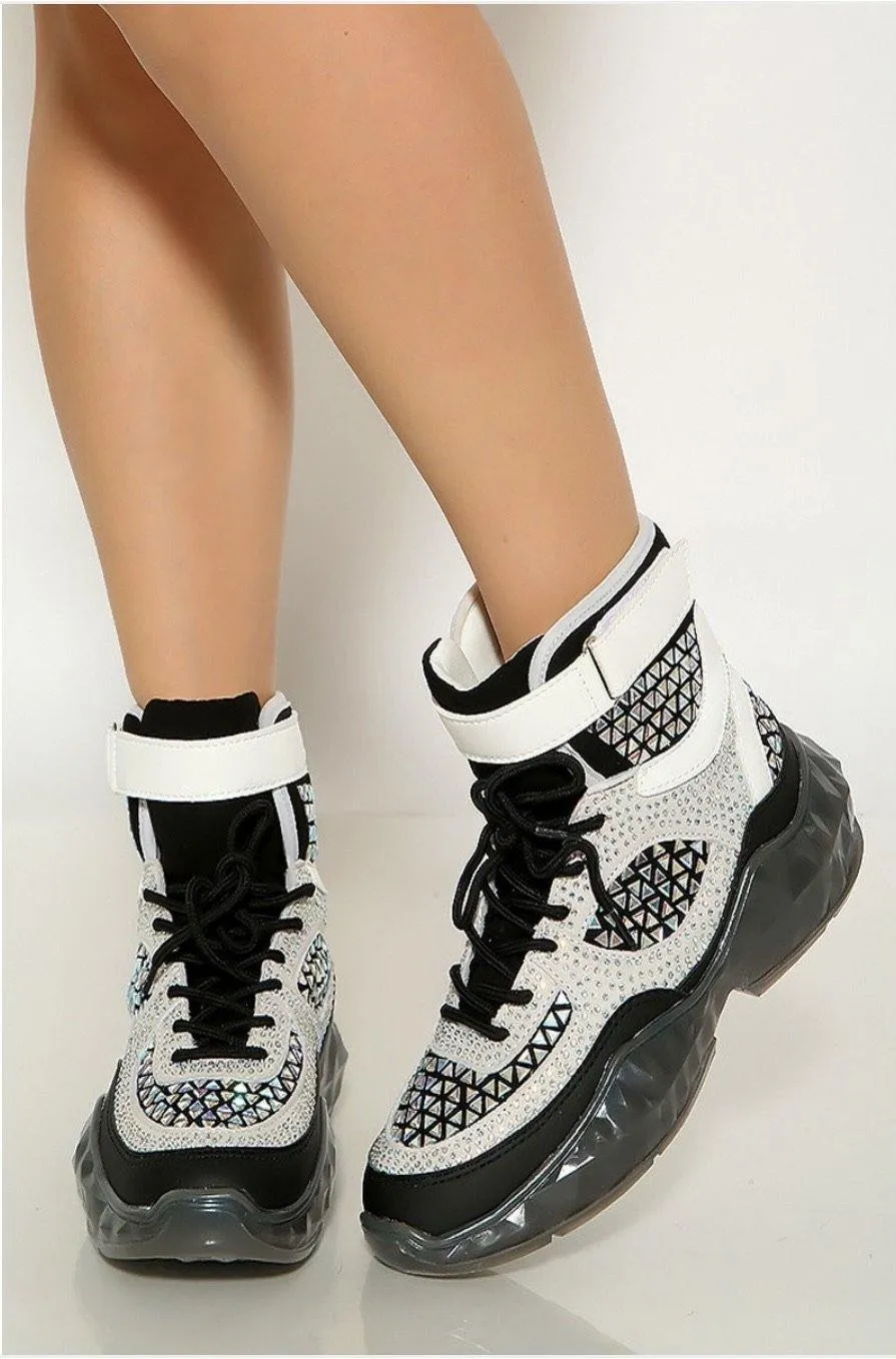 BLACK STUDDED RHINESTONE CRYSTAL LACE UP HIGH TOP SNEAKERS