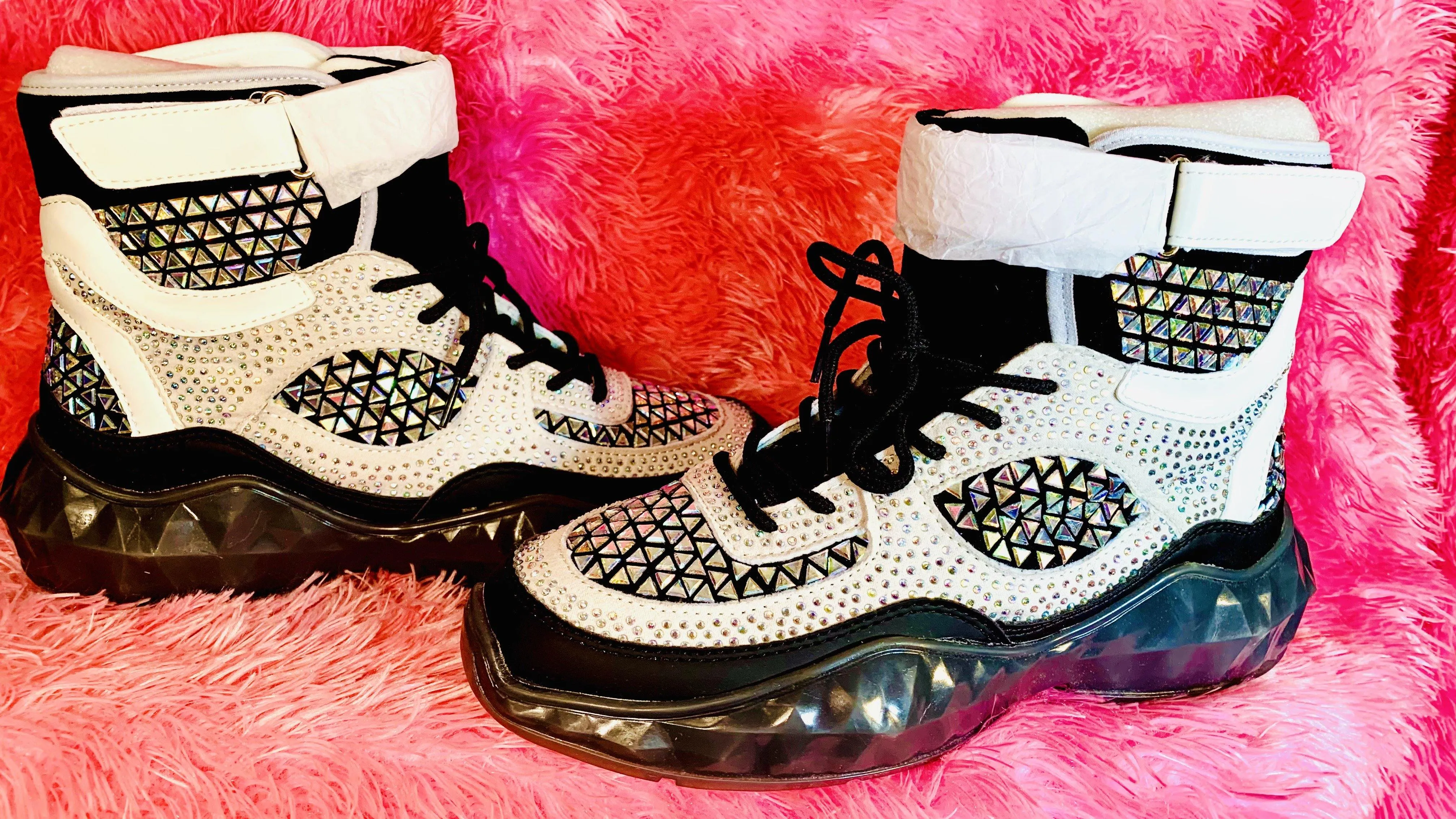 BLACK STUDDED RHINESTONE CRYSTAL LACE UP HIGH TOP SNEAKERS