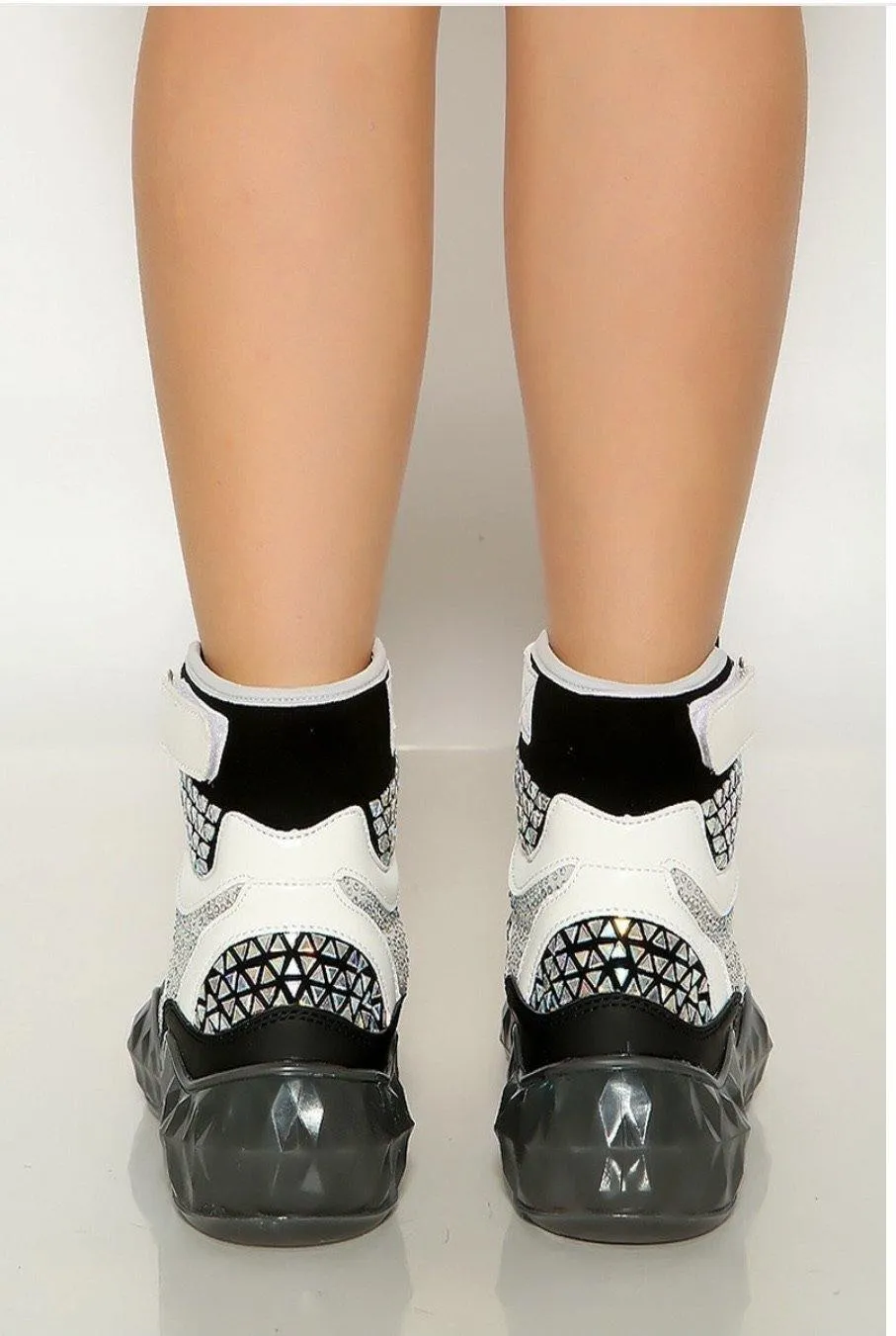 BLACK STUDDED RHINESTONE CRYSTAL LACE UP HIGH TOP SNEAKERS