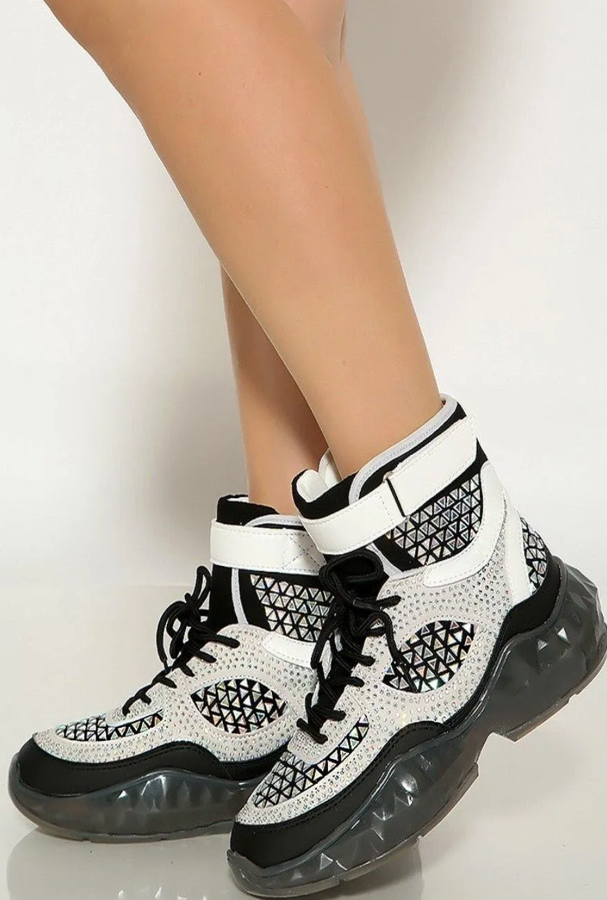 BLACK STUDDED RHINESTONE CRYSTAL LACE UP HIGH TOP SNEAKERS