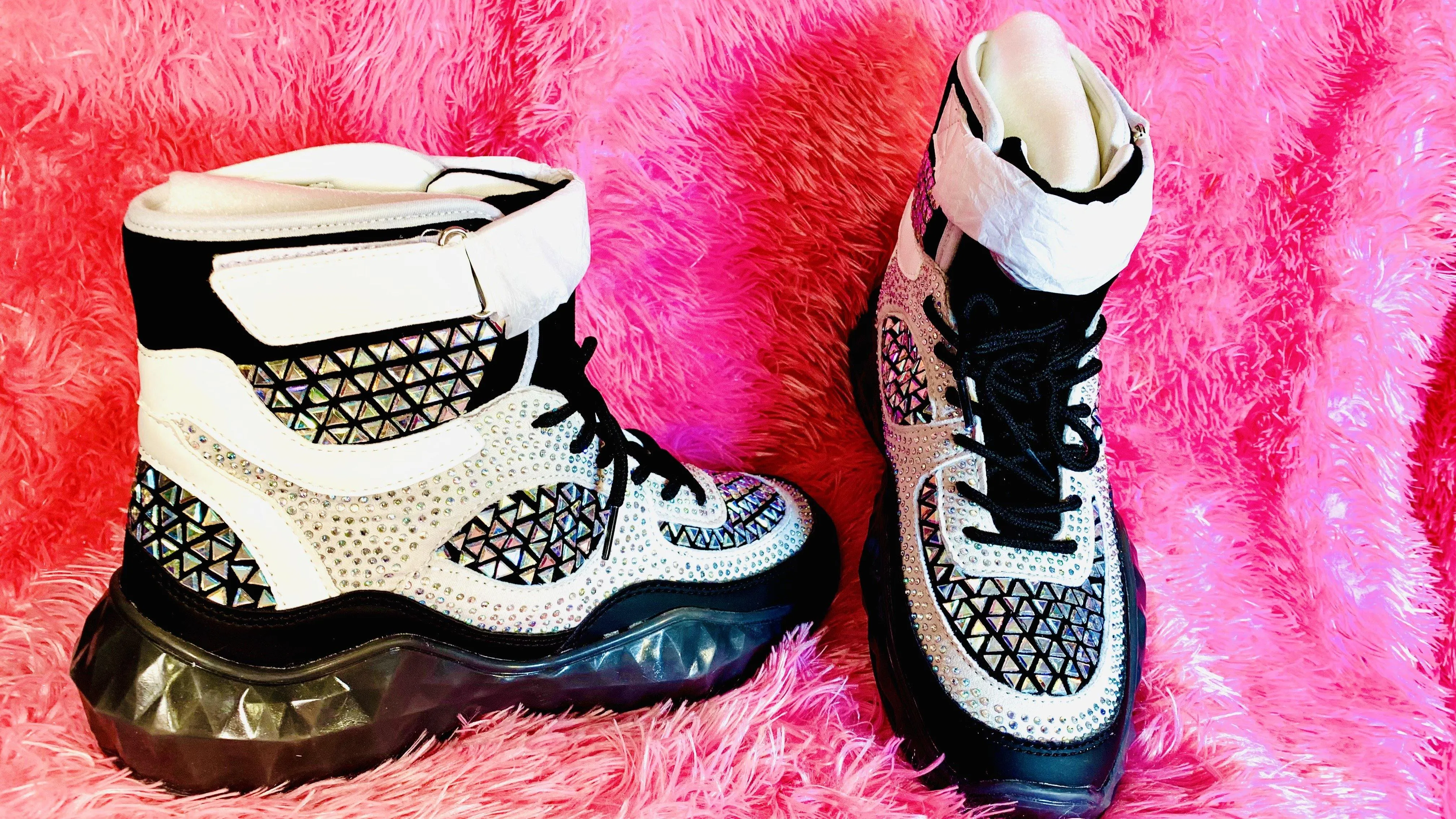 BLACK STUDDED RHINESTONE CRYSTAL LACE UP HIGH TOP SNEAKERS