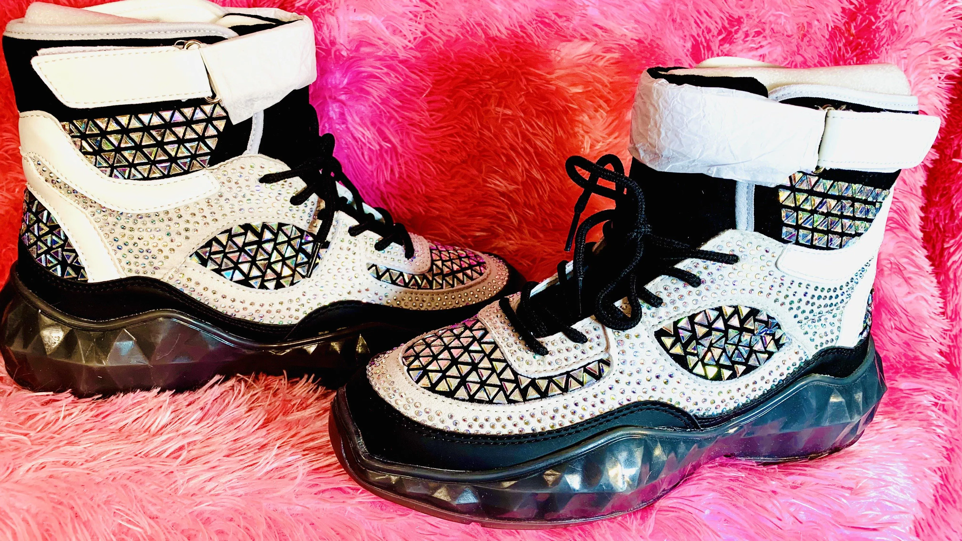 BLACK STUDDED RHINESTONE CRYSTAL LACE UP HIGH TOP SNEAKERS