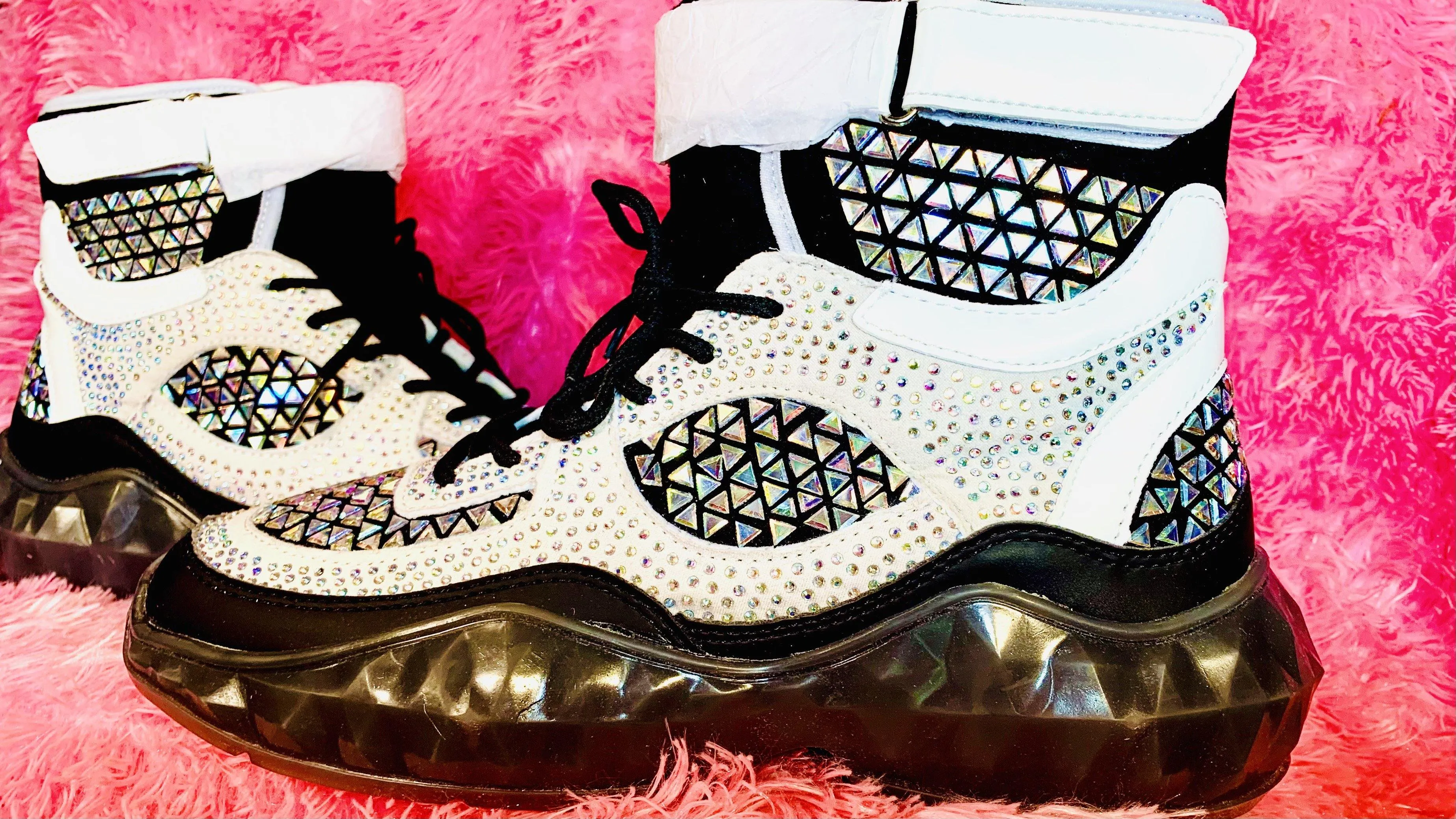 BLACK STUDDED RHINESTONE CRYSTAL LACE UP HIGH TOP SNEAKERS