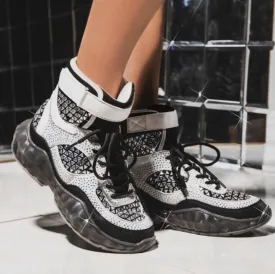 BLACK STUDDED RHINESTONE CRYSTAL LACE UP HIGH TOP SNEAKERS