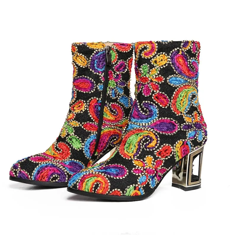 Boots for Women ethnic print flower mixed color crystal bird cage heel high quality short boots