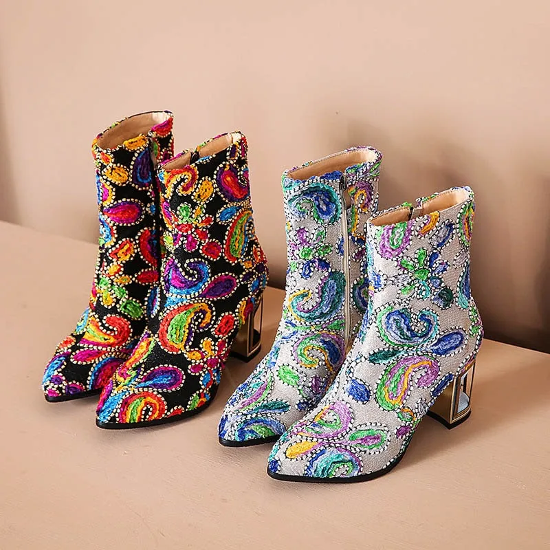 Boots for Women ethnic print flower mixed color crystal bird cage heel high quality short boots