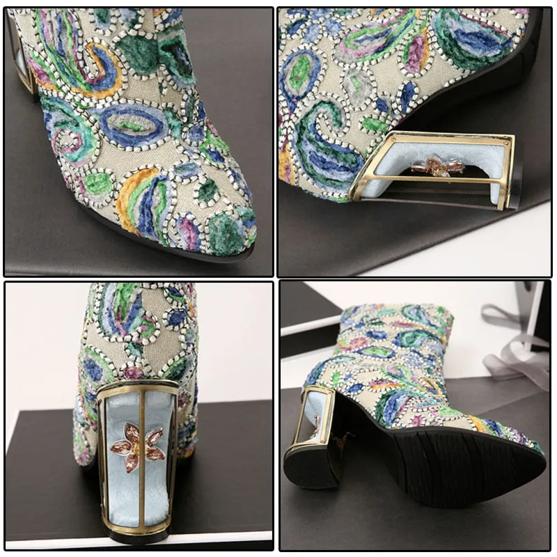 Boots for Women ethnic print flower mixed color crystal bird cage heel high quality short boots