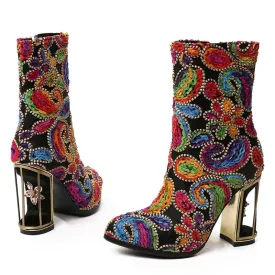 Boots for Women ethnic print flower mixed color crystal bird cage heel high quality short boots