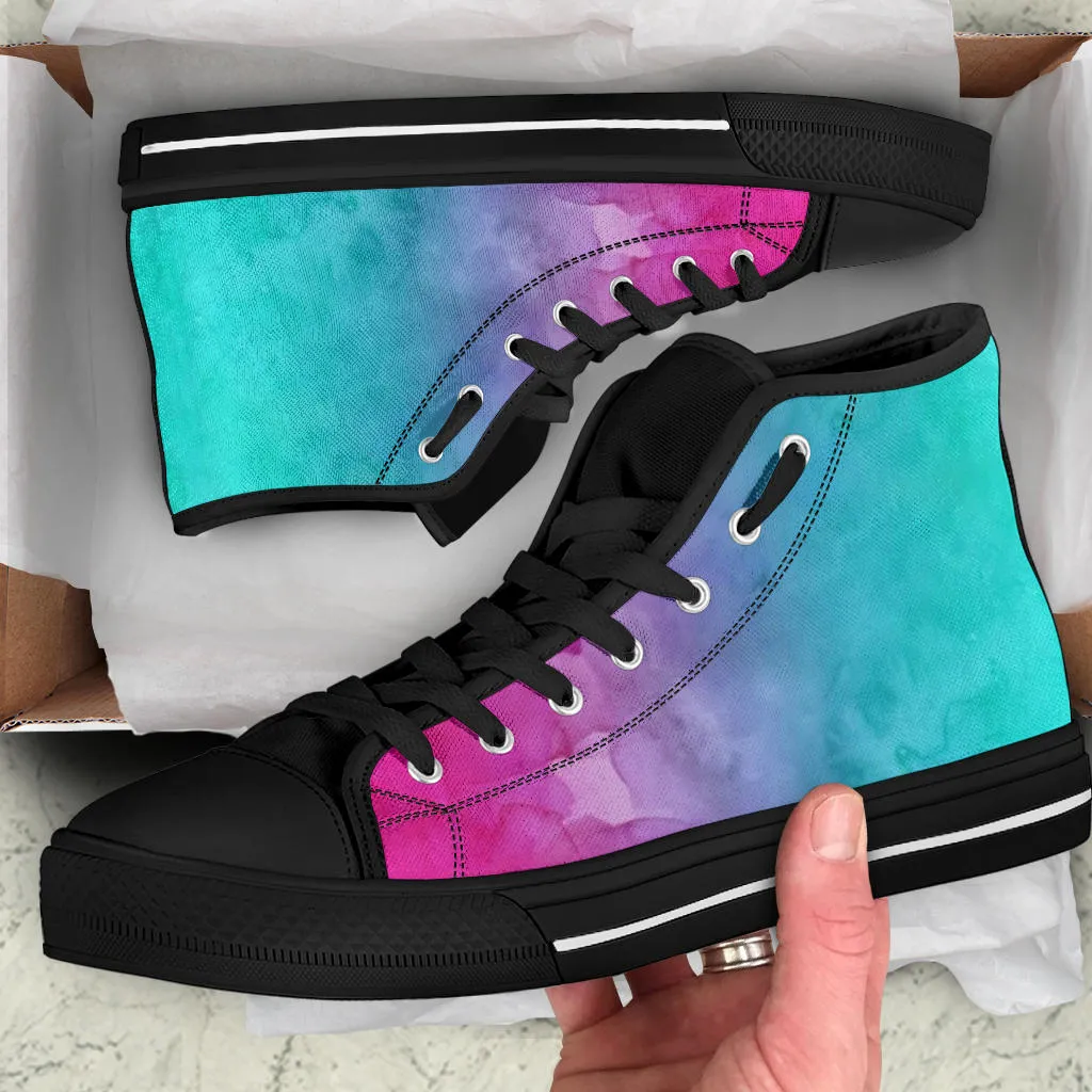 Pink Teal Water Colors Gradient High Top Sneakers Custom Shoes with Black Soles