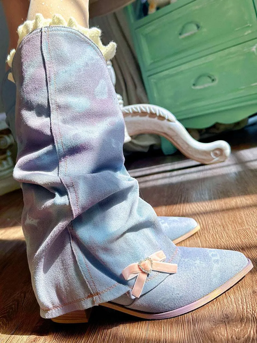 Pinky Blue Purple Coquette Style Bow Retro Denim Western Boots