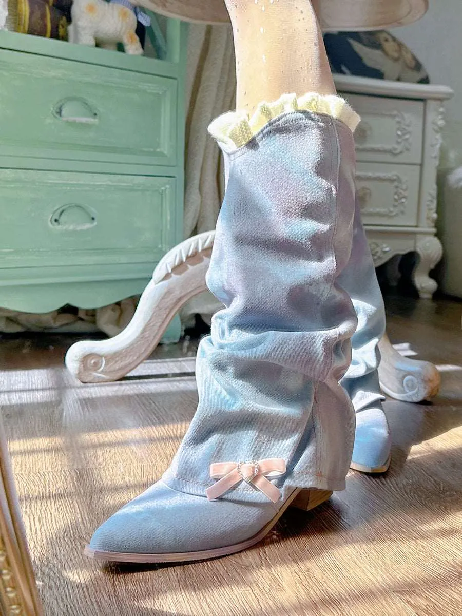Pinky Blue Purple Coquette Style Bow Retro Denim Western Boots
