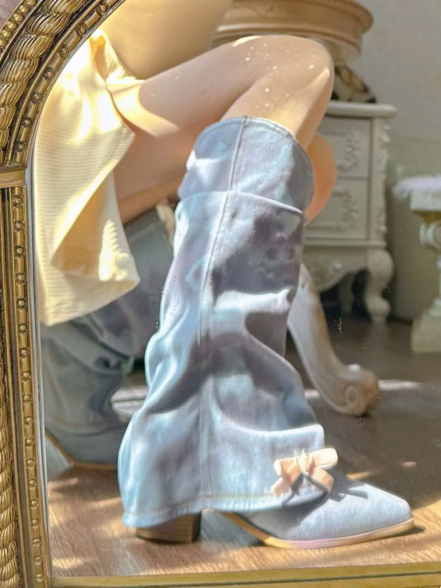 Pinky Blue Purple Coquette Style Bow Retro Denim Western Boots