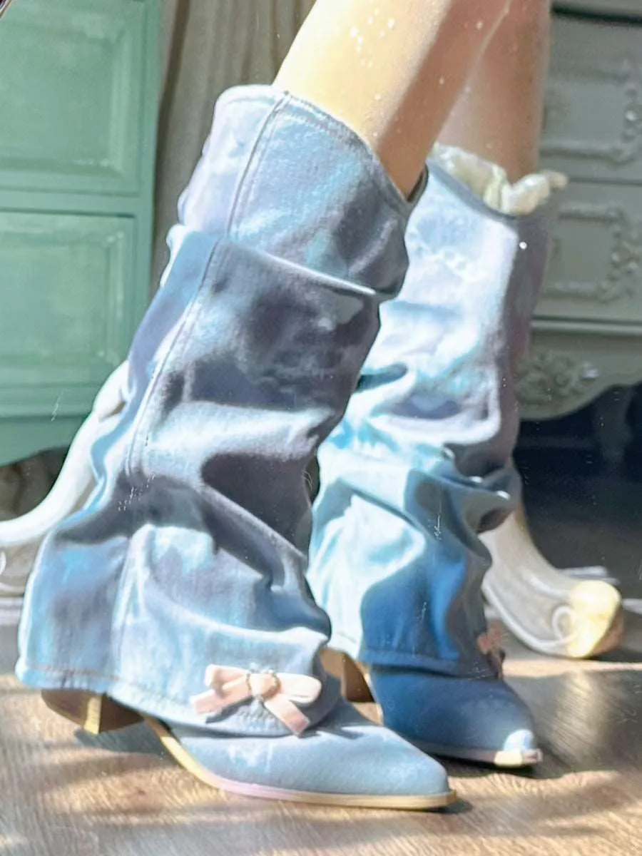 Pinky Blue Purple Coquette Style Bow Retro Denim Western Boots