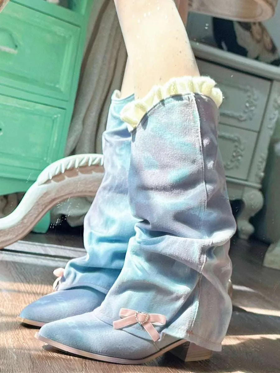 Pinky Blue Purple Coquette Style Bow Retro Denim Western Boots