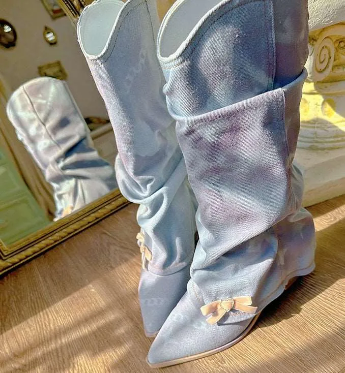 Pinky Blue Purple Coquette Style Bow Retro Denim Western Boots