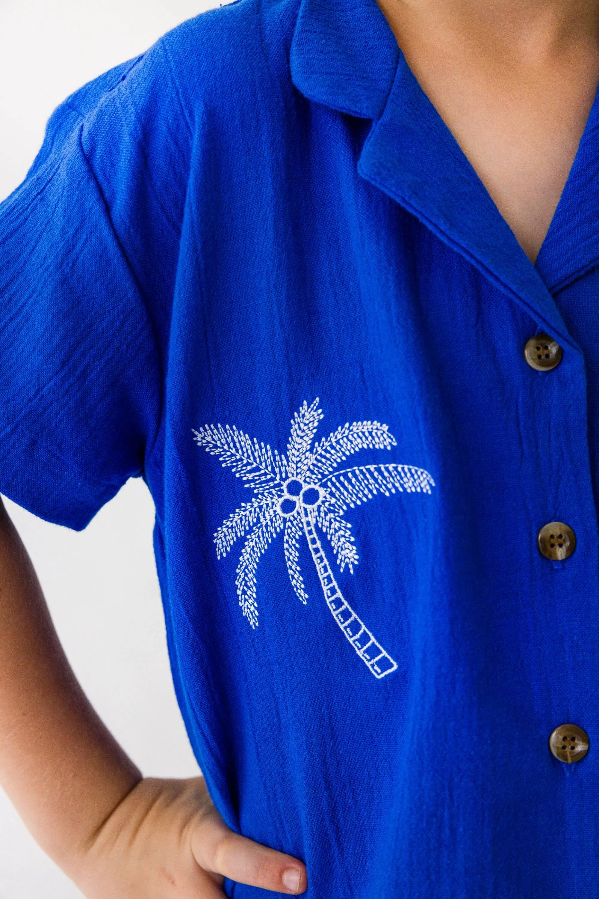 Shawn Shirt in Blue Palm Embroidery